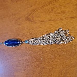 Paparazzi NWT long silver necklace w/ blue glitter gemstone & chain earrings.